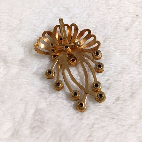 Vintage 50's Teal Blue & Clear Rhinestone Floral Spray Brooche - Picture 5 of 10